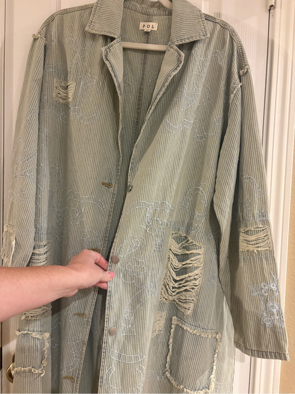 POL Clothing Distressed Pinstripe Duster Coat Boho Grunge Jacket M Art to wear - Picture 6 of 14